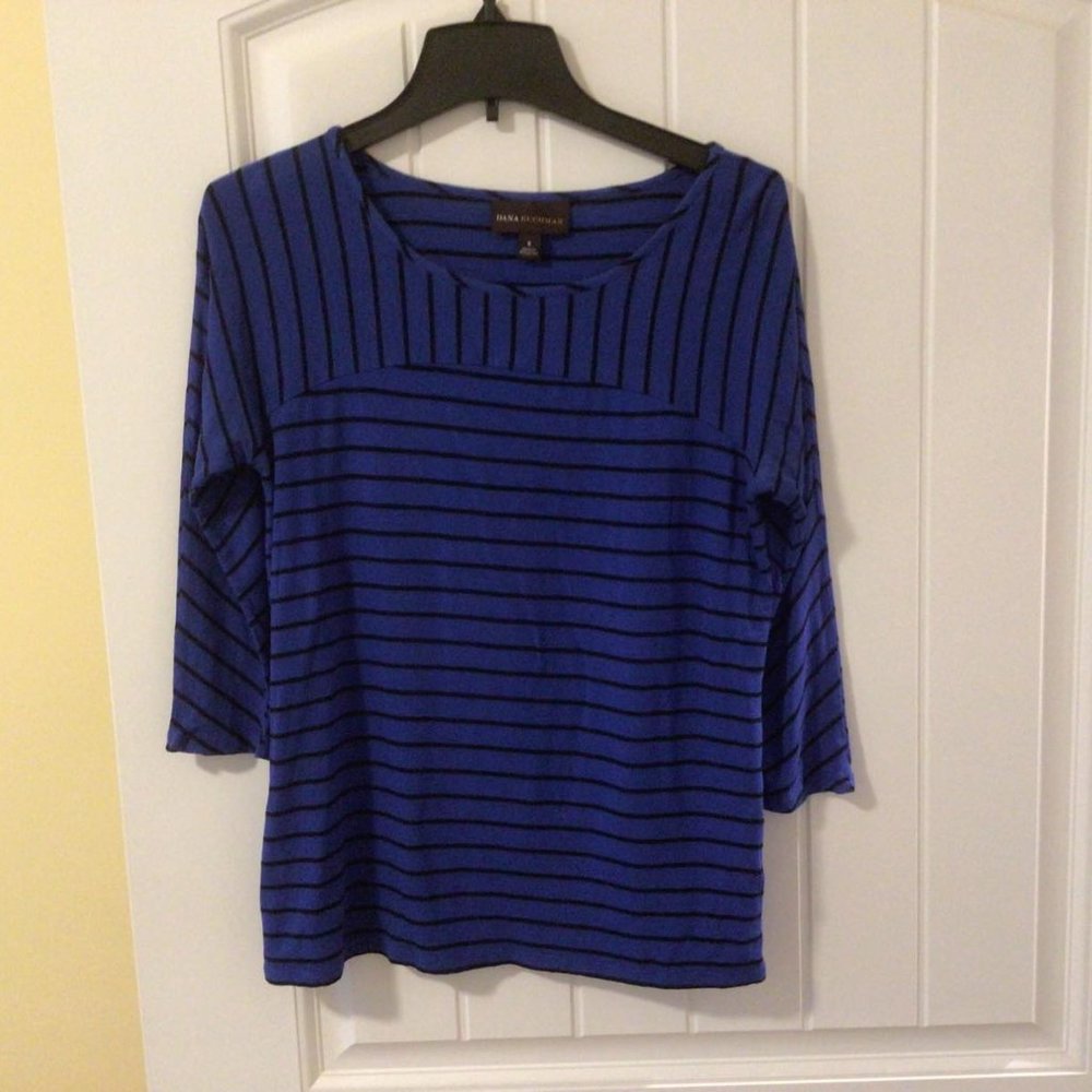 Dana Buchman 3/4 sleeve royal blue and black striped knit top, Size S